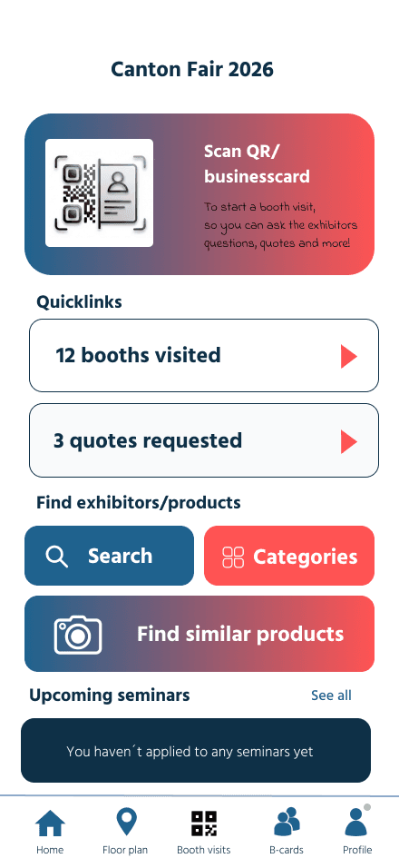 Canton Fair 2026 app: scan QR and business cards, quicklinks, find exhibitors and products, seminars